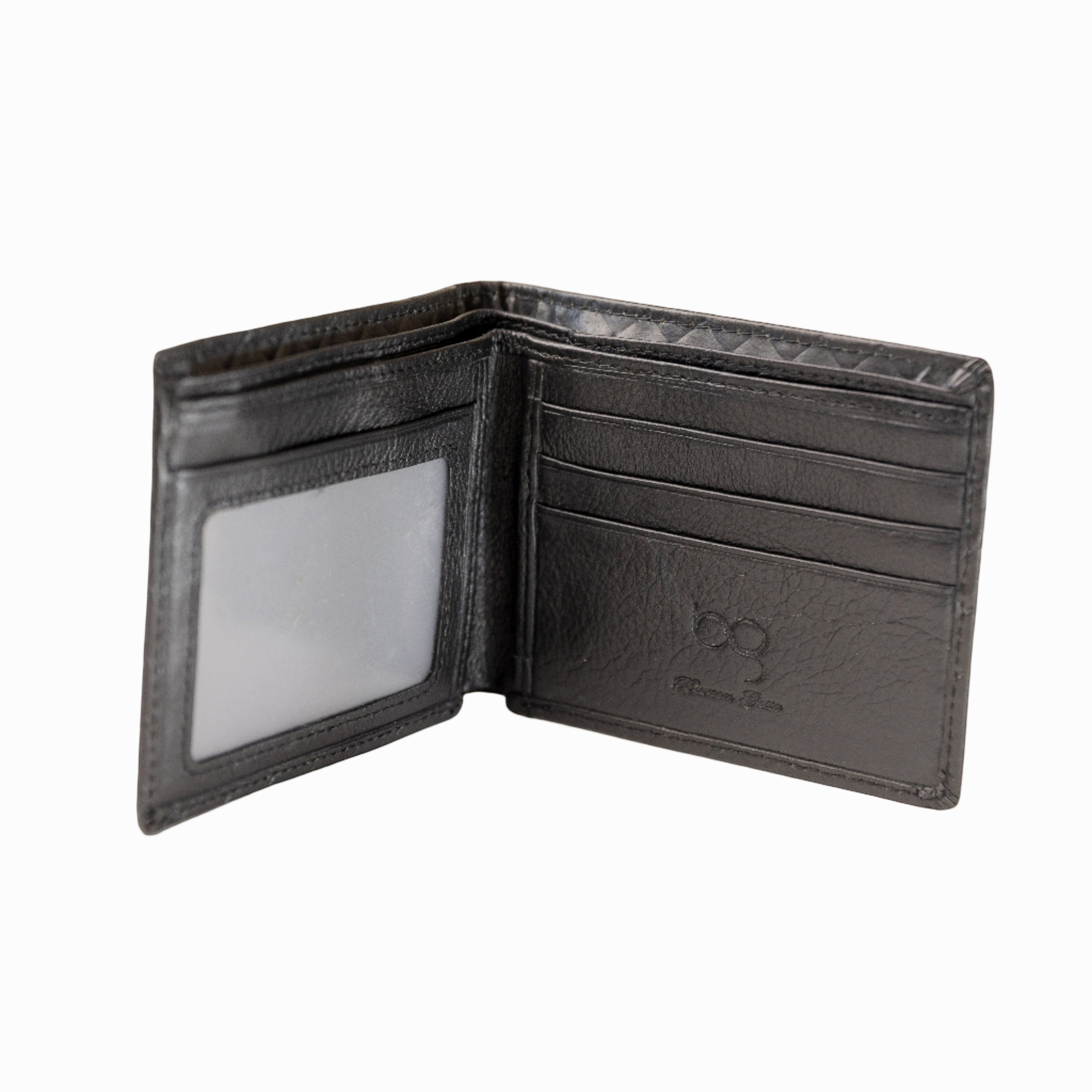 Barcon Getta Inc black woven bi-fold wallet made of Ethiopian leather with 3 card slots and 2 money slots.