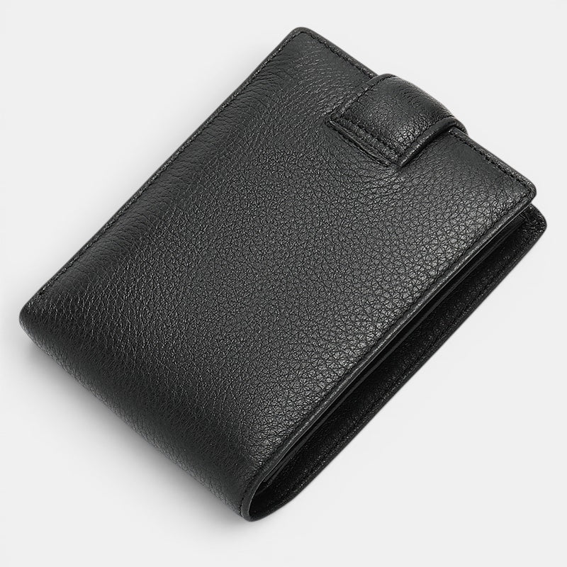 Barcon Getta Inc black full grain leather bifold wallet with snap closure, 9 card slots, bill compartments, and 2 change slots.