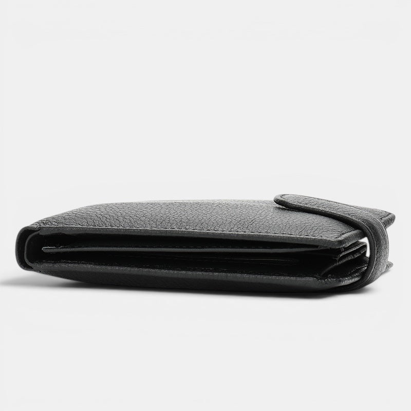 Barcon Getta Inc black full grain leather bifold wallet with snap closure, 9 card slots, bill compartments, and 2 change slots.