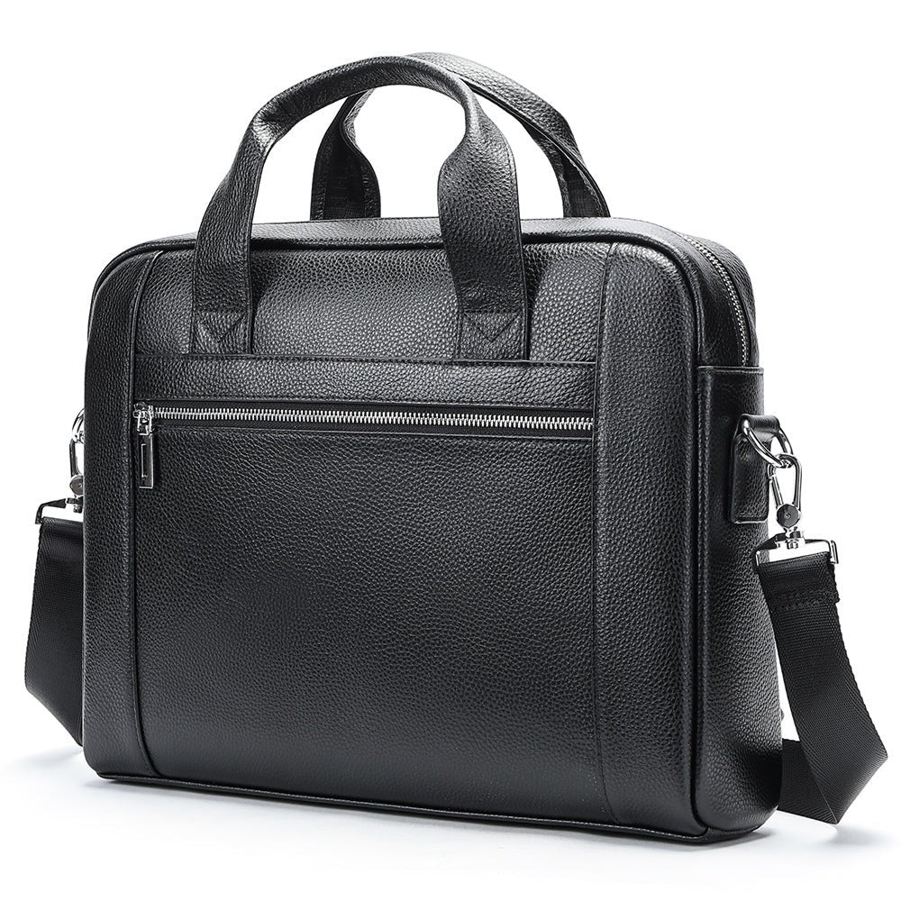 Barcon Getta Inc black pebbled leather briefcase with top handles and adjustable shoulder strap. Features multiple zip pockets and fits up to a 15" laptop.