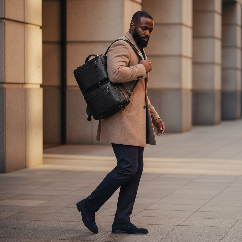 Barcon Getta Inc black Ethiopian leather briefcase with 3 carrying options, fits up to 17" laptop.