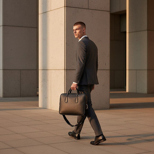 Barcon Getta Inc black genuine leather briefcase with top handles and detachable strap, fits up to 14" laptop.