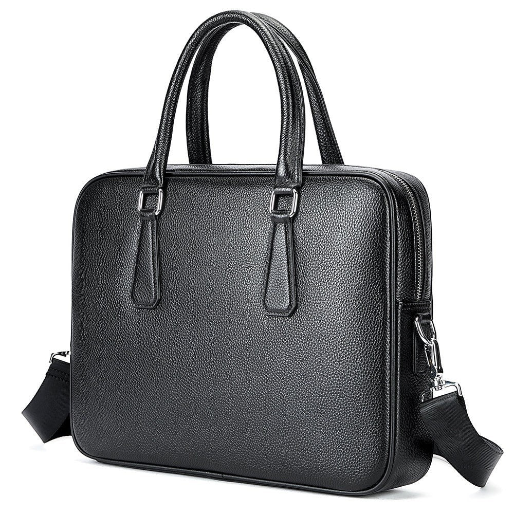 Barcon Getta Inc black genuine leather briefcase with top handles and detachable strap, fits up to 14" laptop.