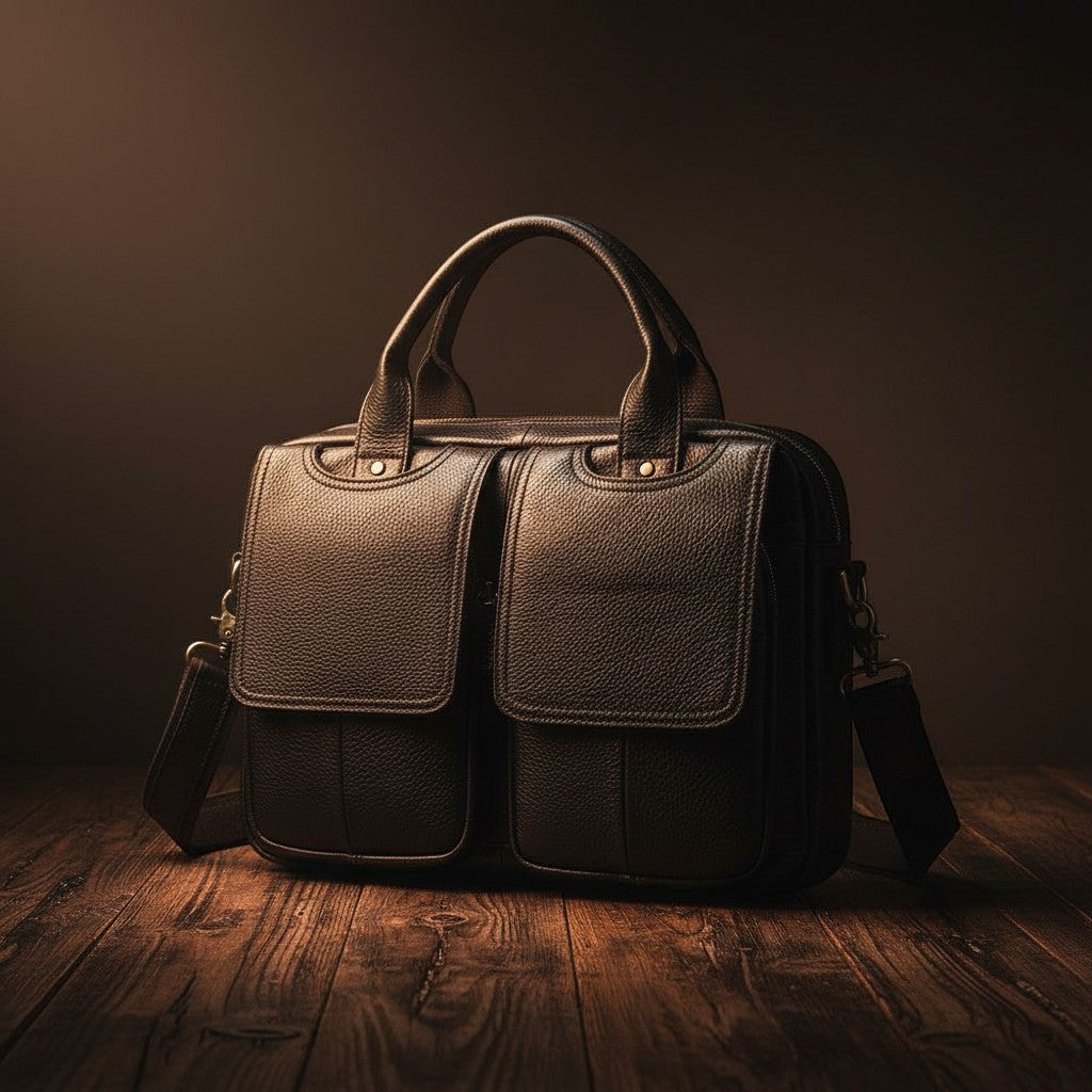 Barcon Getta Inc black leather briefcase with two front flap pockets and a detachable shoulder strap. Fits up to 16" laptop.