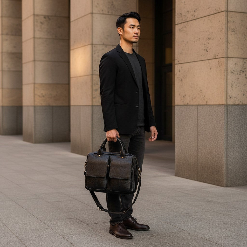 Barcon Getta Inc black leather briefcase with double front pockets, top handles, and detachable shoulder strap. Fits up to 16" laptop.