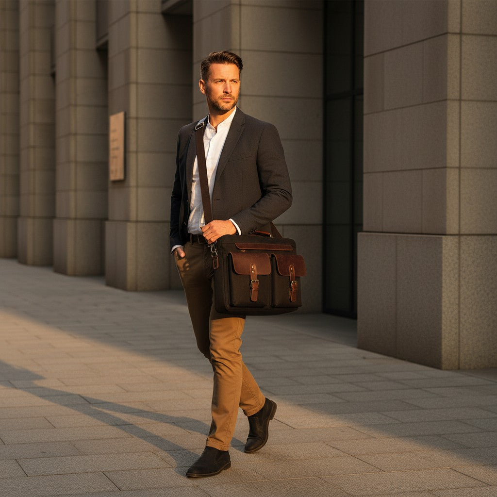 Barcon Getta Inc black canvas briefcase with brown leather accents, dual front pockets, and top handle.