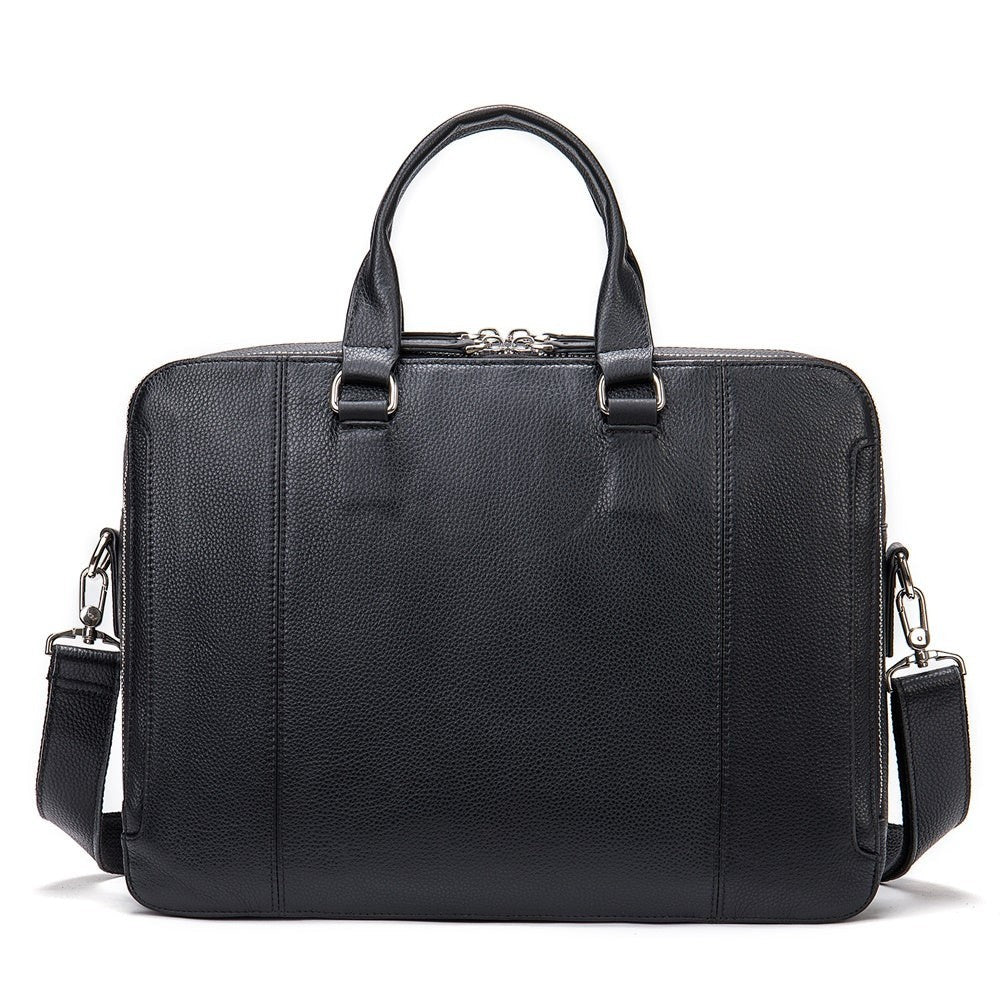 Barcon Getta Inc black Ethiopian leather briefcase with top handles and shoulder strap. Fits up to 17" laptop.
