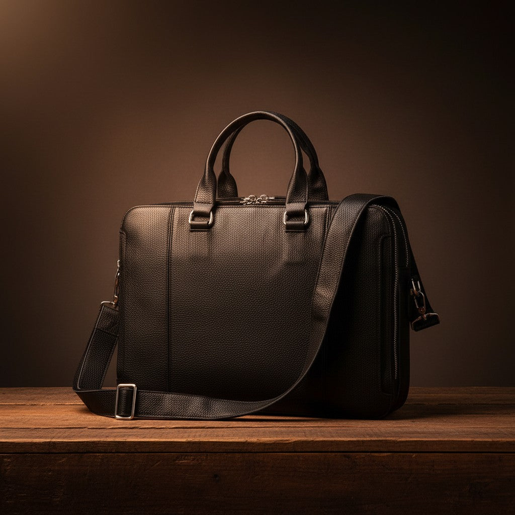 Barcon Getta Inc black Ethiopian leather briefcase with multiple pockets and silver hardware. Fits up to 17" laptop.
