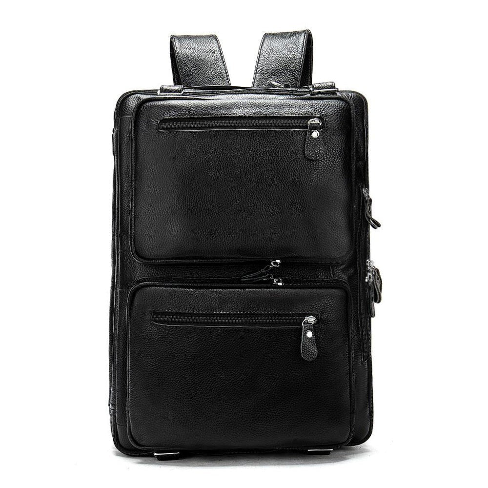 Barcon Getta Inc black textured leather briefcase with dual compartments and front zippered pockets.