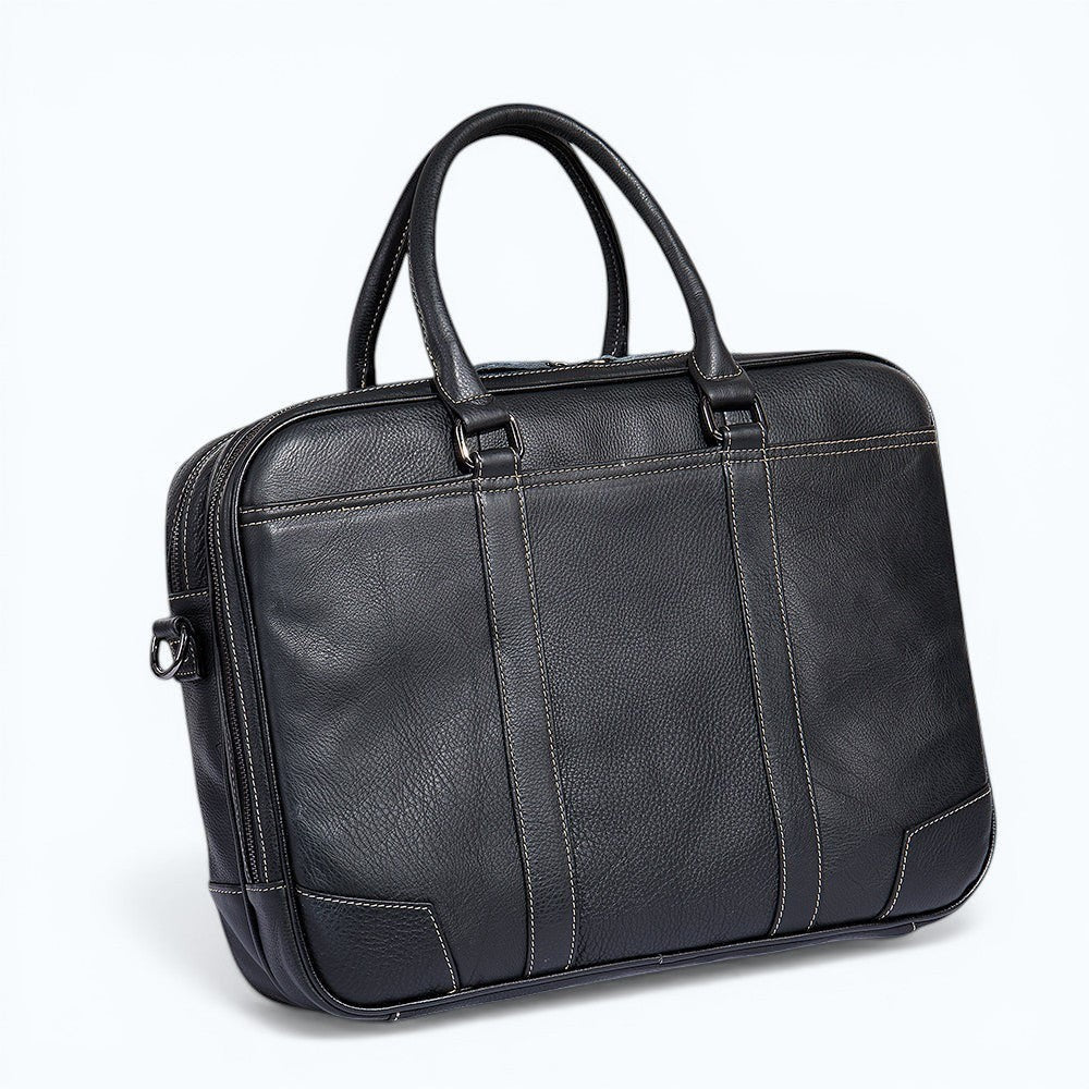 Barcon Getta Inc black Ethiopian leather briefcase with contrast stitching, fits up to 16" laptop.