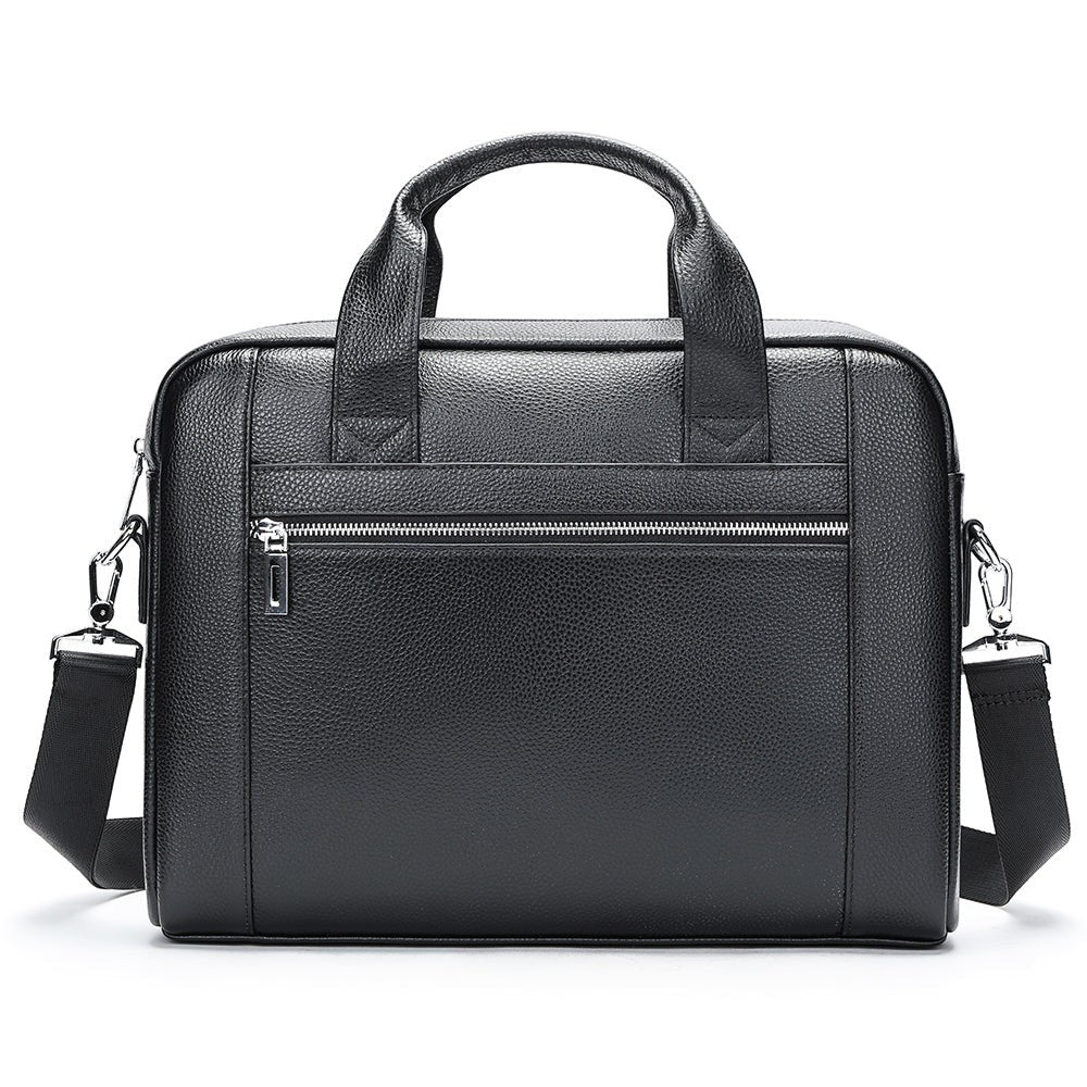 Barcon Getta Inc black pebbled leather briefcase with top handles and adjustable shoulder strap. Features multiple zipper pockets and fits up to a 15" laptop.
