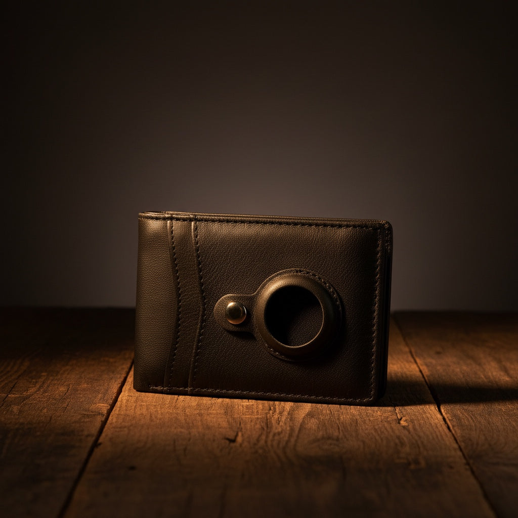 Barcon Getta Inc black full grain leather compact card holder with 8 card slots, bill strap, and Air Tag slot.