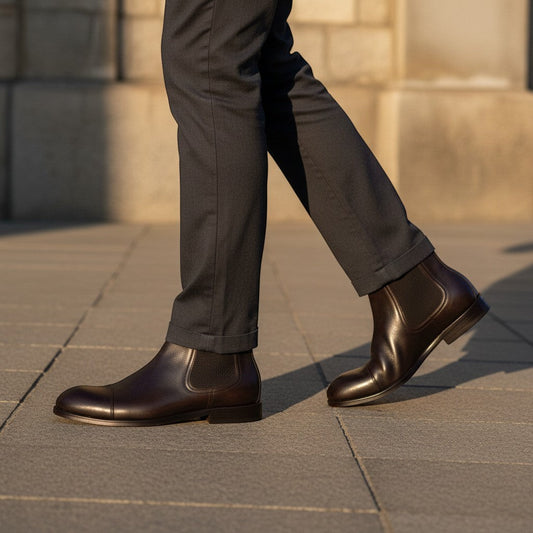 Barcon Getta Inc black full grain leather chelsea boots with elastic side panels and cap toe detail.