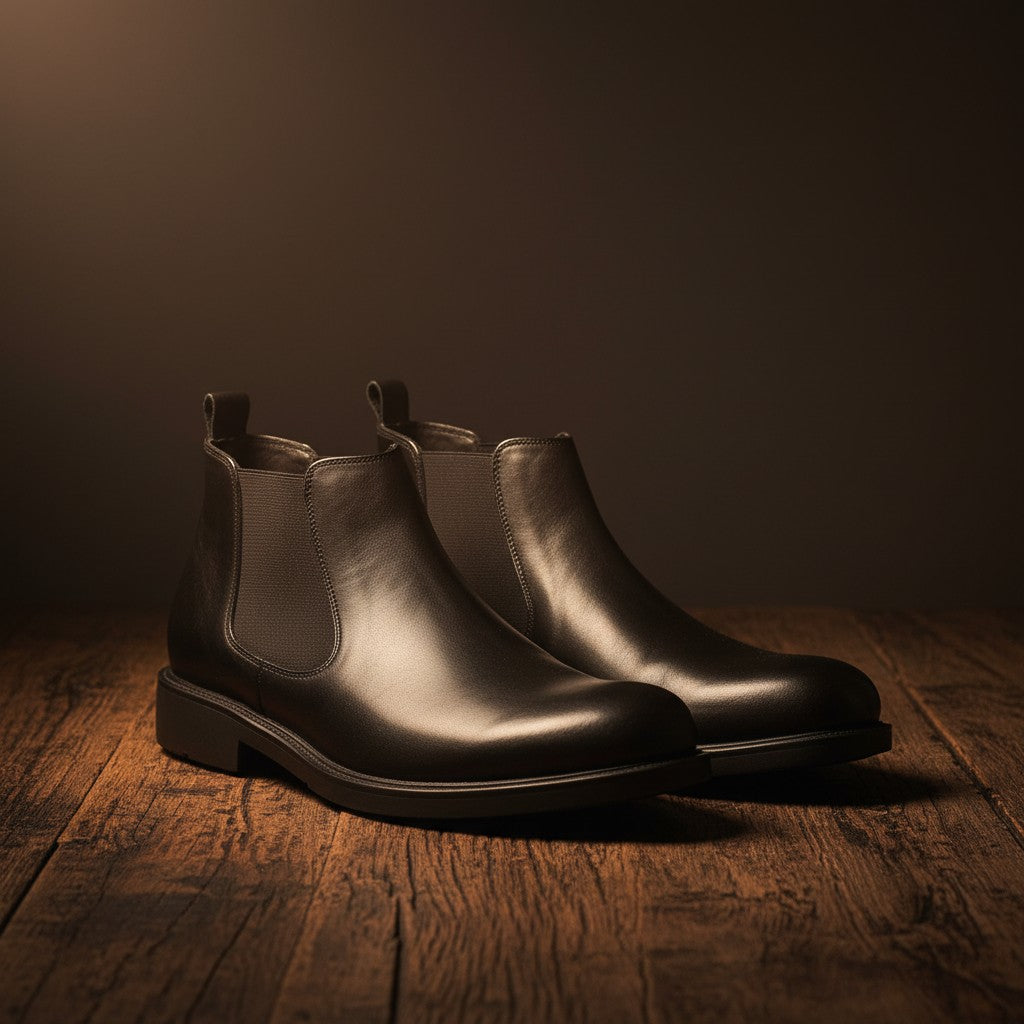 Barcon Getta Inc black leather Chelsea boots with elasticated side panels and a durable sole.