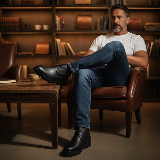 Barcon Getta Inc black textured leather chukka boots with lug sole, worn by a man in jeans and a white t-shirt.