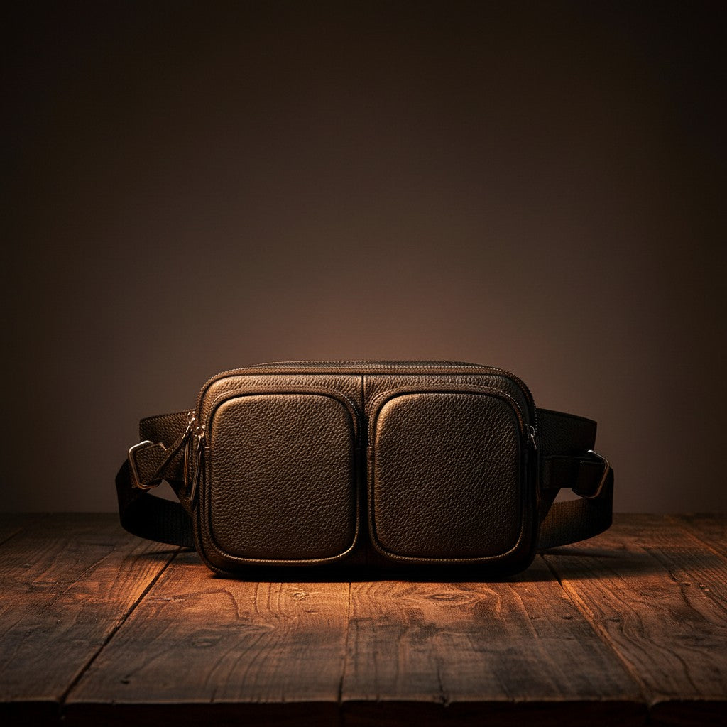 Barcon Getta Inc black genuine leather cross-body bag with two front zipper pockets and adjustable strap.