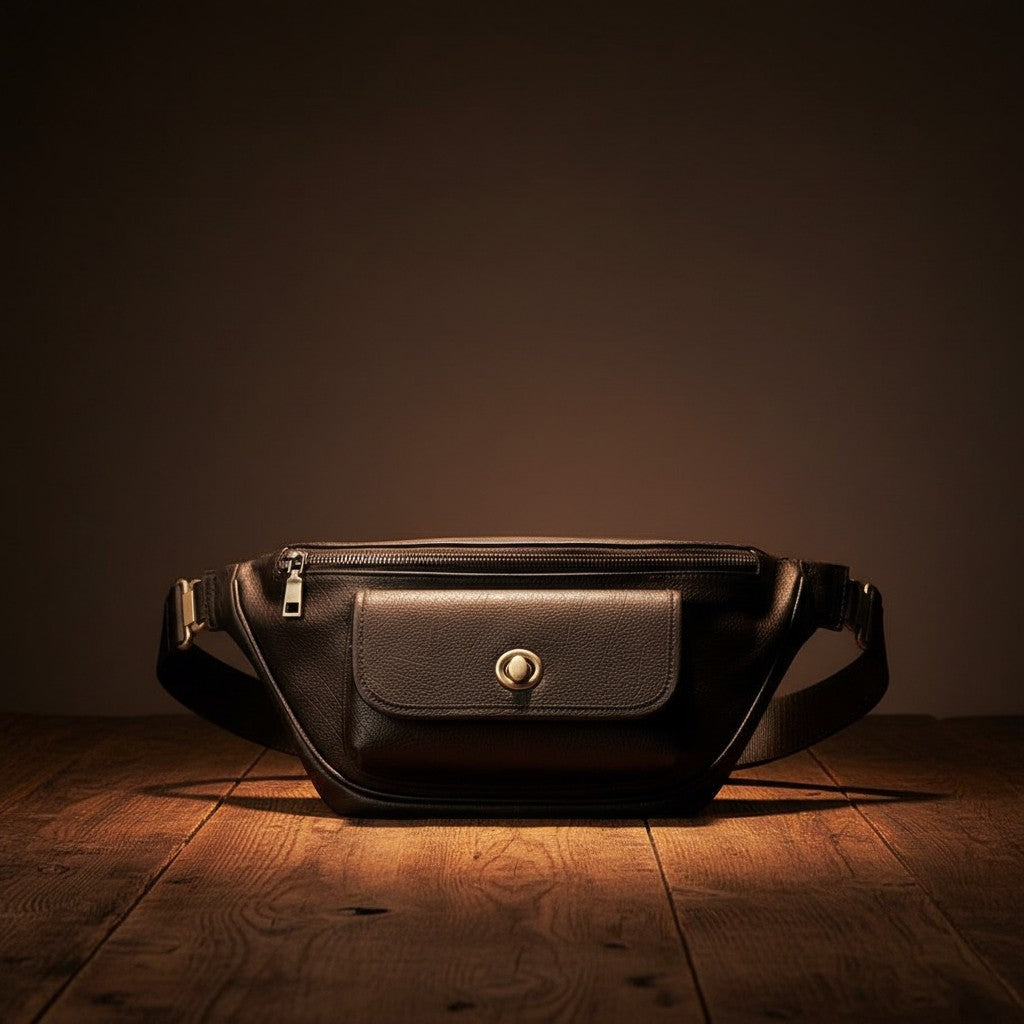 Barcon Getta Inc black full grain leather PRIME-CROSS body bag with multiple pockets and adjustable strap.