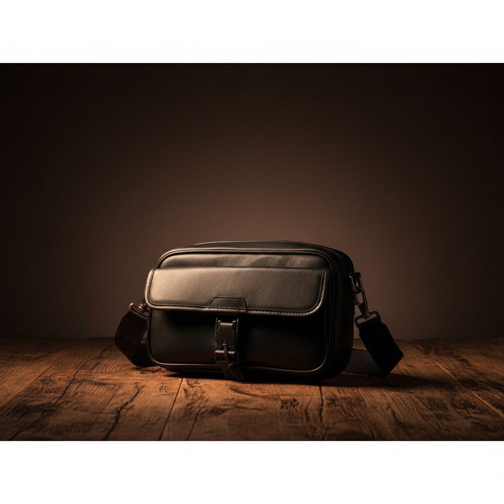 Barcon Getta Inc black Ethiopian leather crossbody bag with front flap pocket and adjustable strap.
