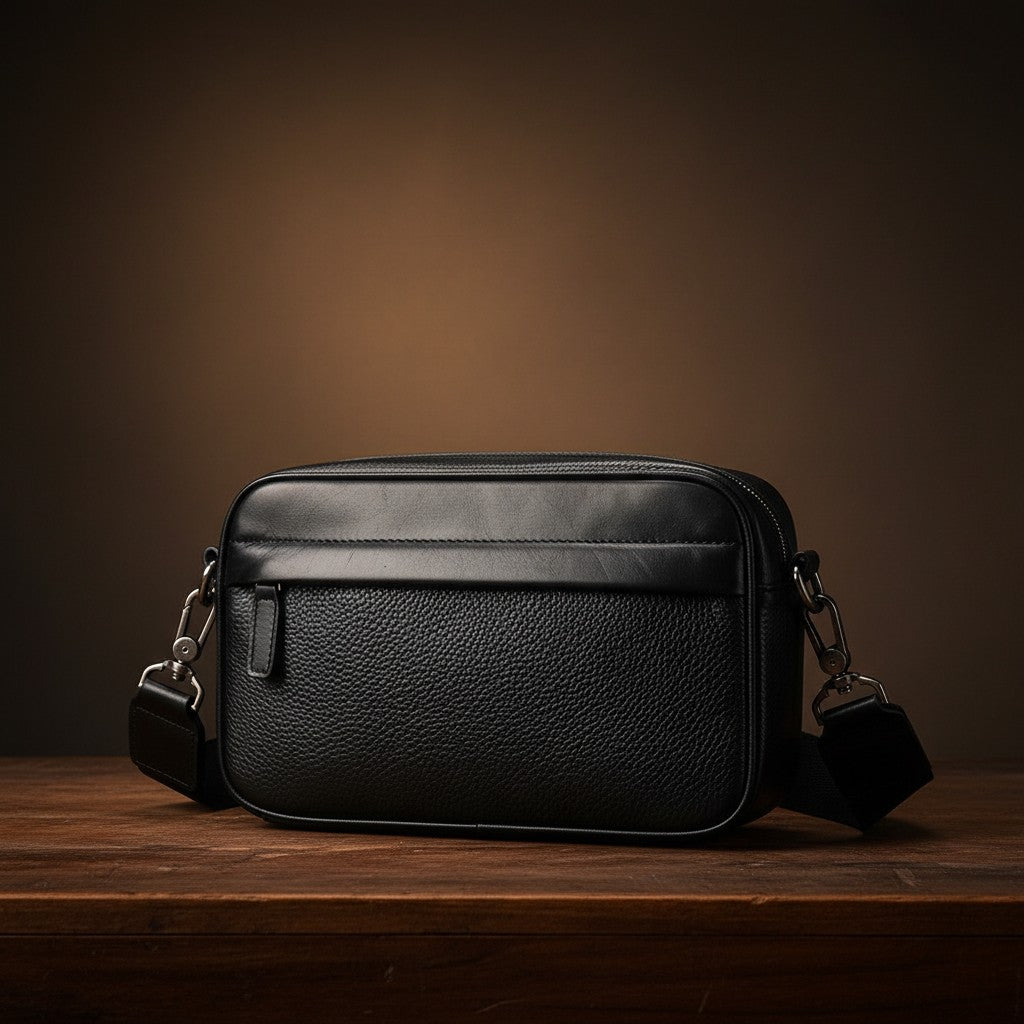 Barcon Getta Inc black Ethiopian leather crossbody bag with front and back zipper pockets.