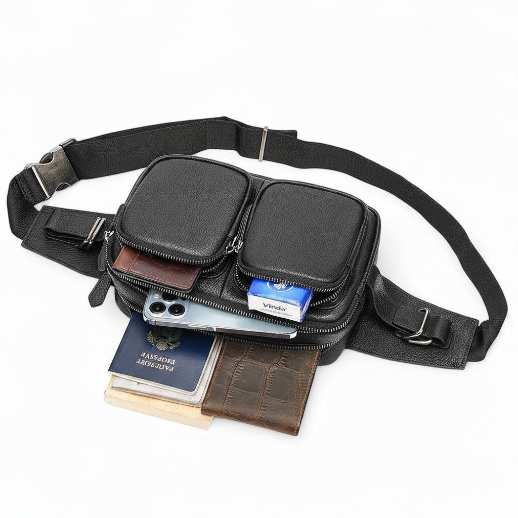 Barcon Getta Inc black genuine leather cross-body bag with multiple zippered pockets, adjustable strap, and organized compartments.