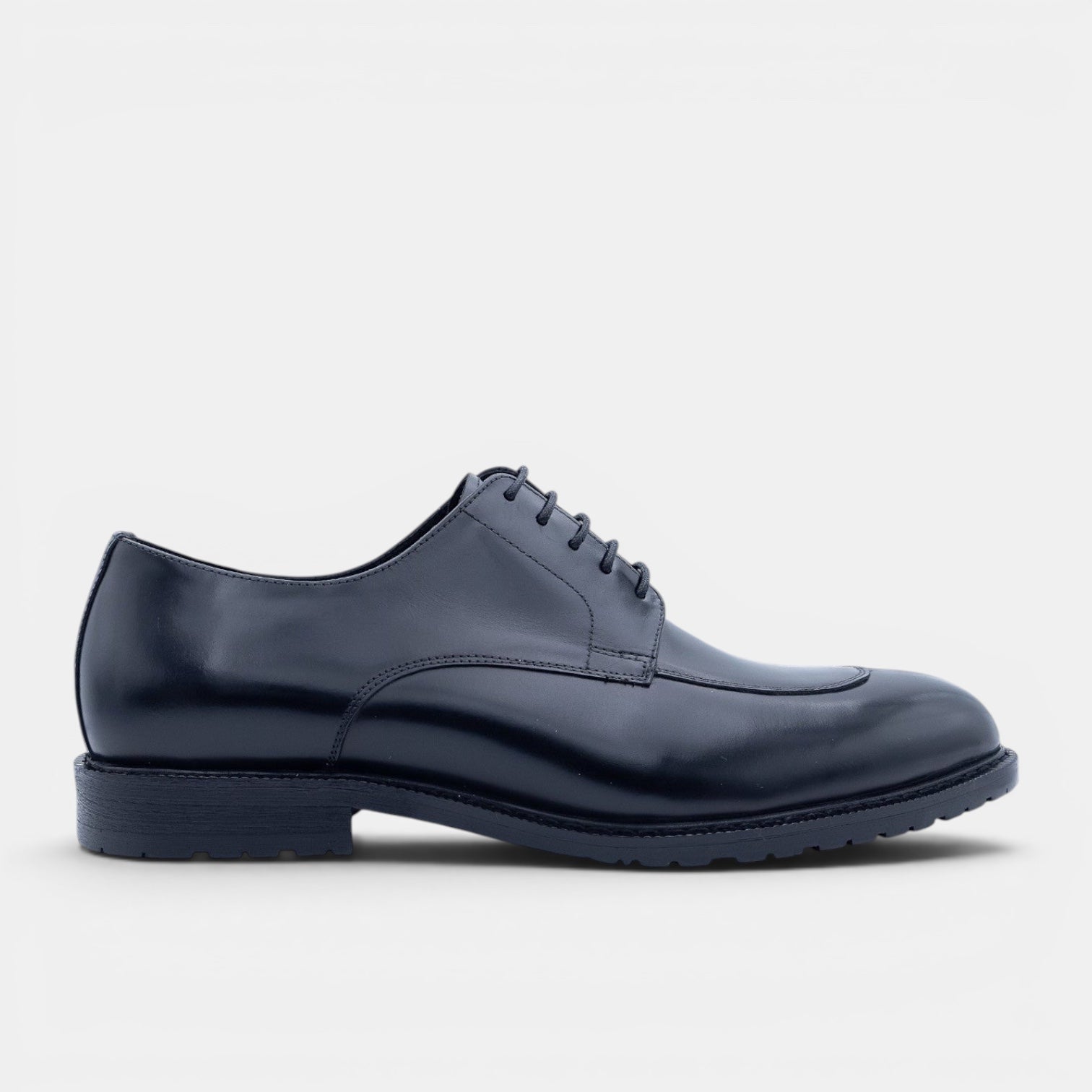 Barcon Getta Inc. black full grain leather split toe Derby dress shoes with lug sole.