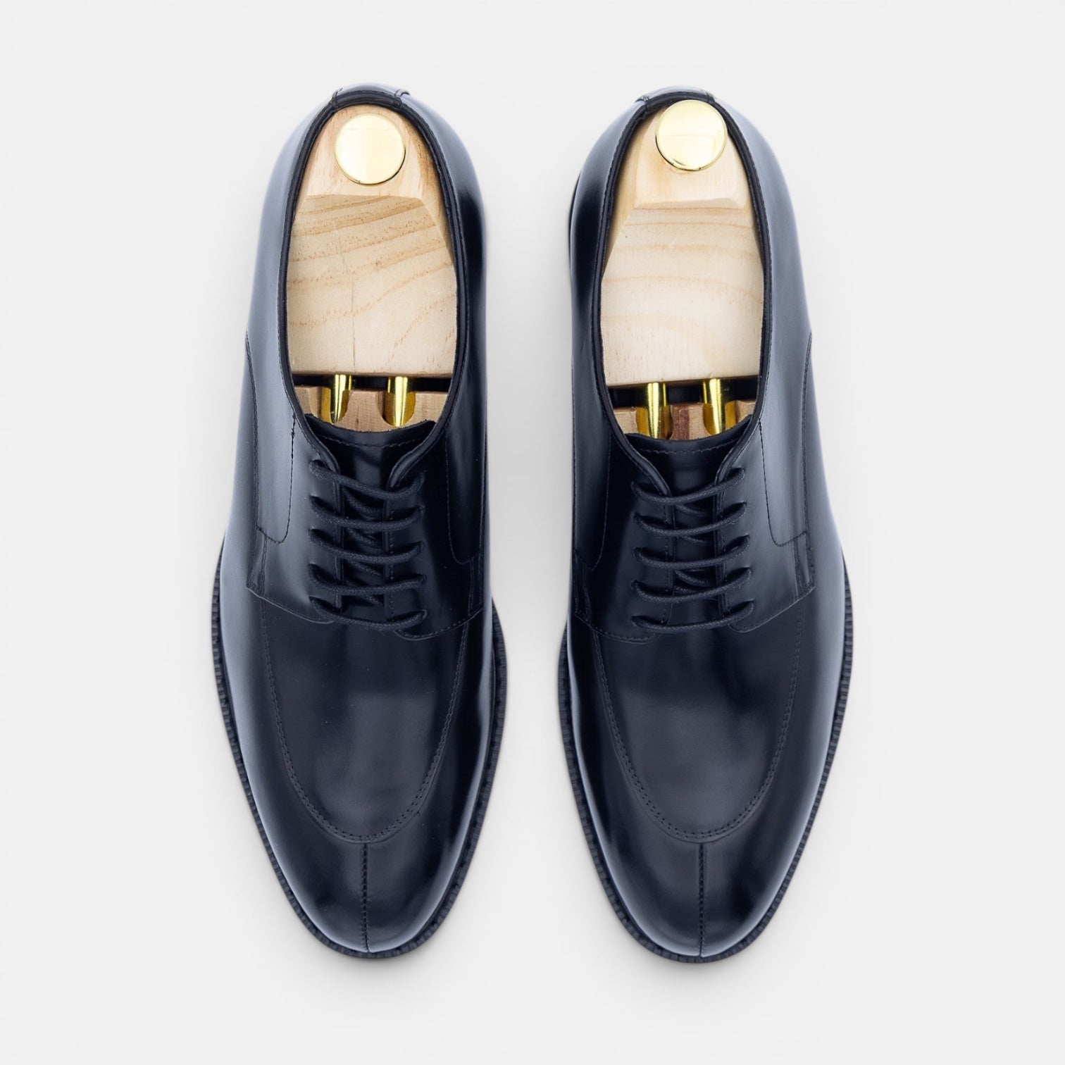 Barcon Getta Inc black full grain leather split toe Derby dress shoes with lug sole.
