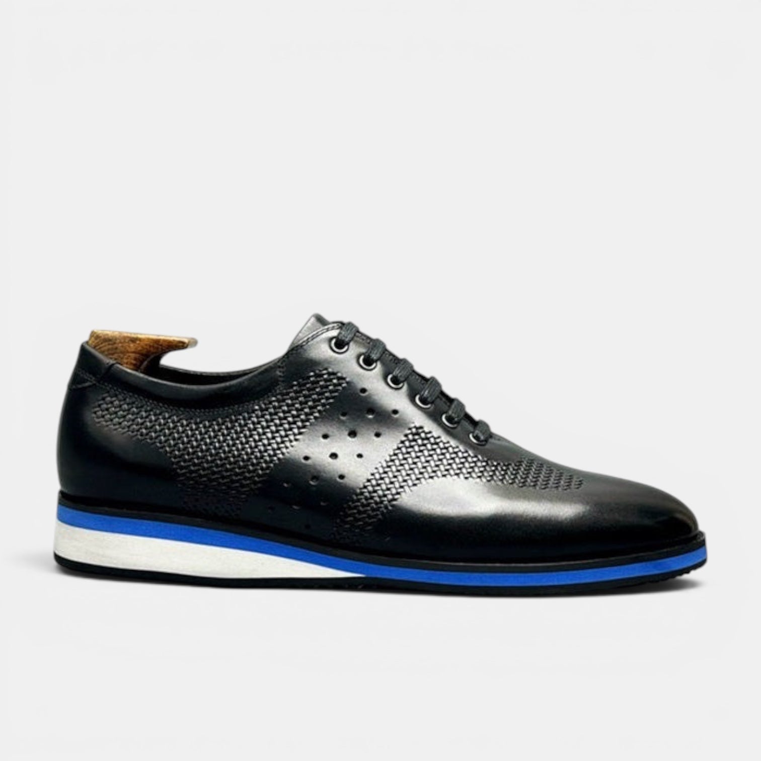 Barcon Getta Inc black full grain leather dress shoes with woven embossed quarter, perforation dots, and blue stripe midsole.