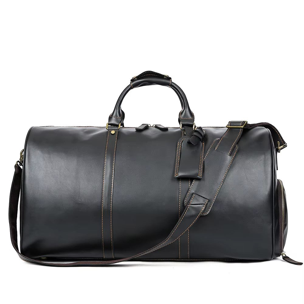 Barcon Getta Safari Duffel Travel Bag – Black – Front Profile Full Grain Leather with Brass Hardware -
on a light gray background