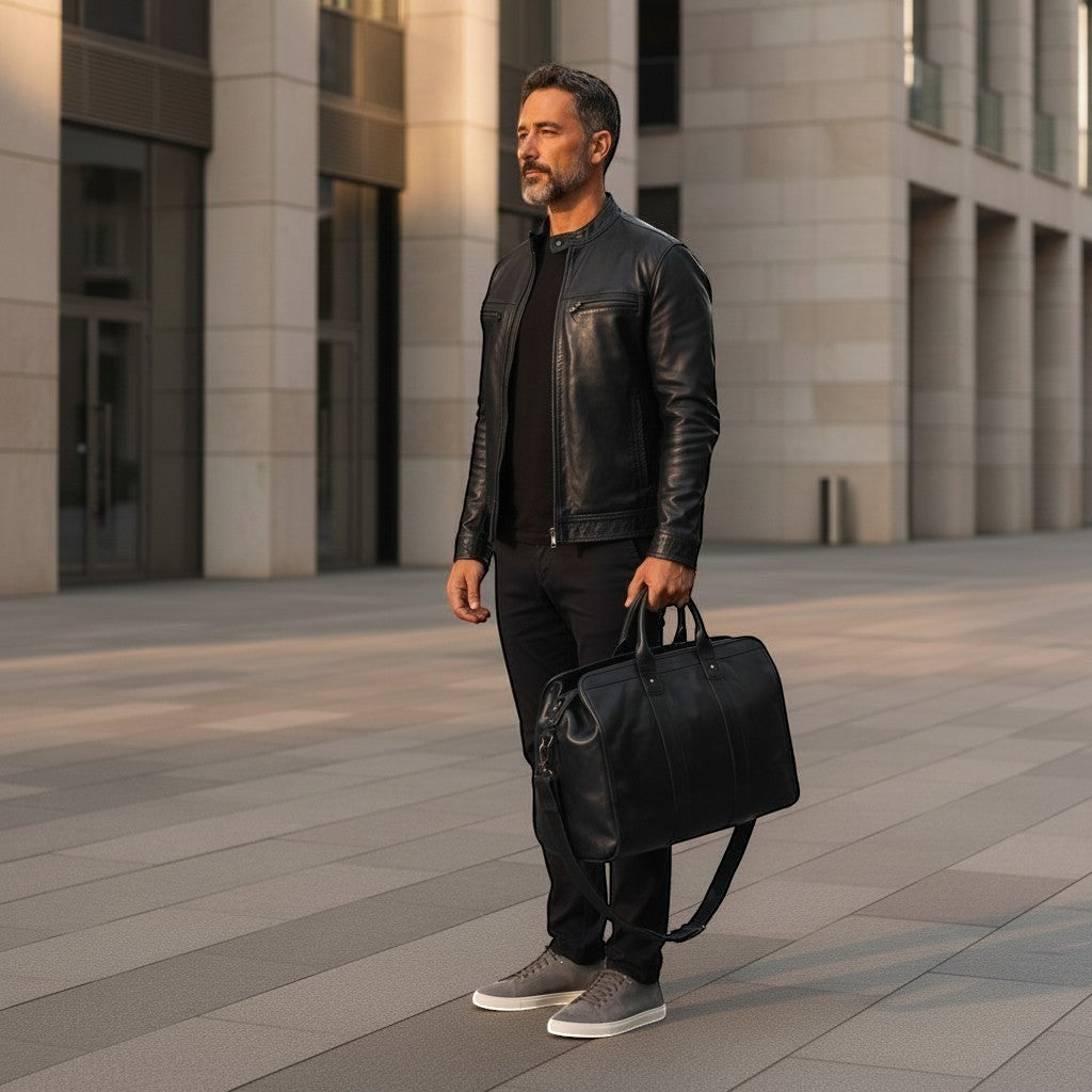 Barcon Getta Inc The Diplomat Duffel, a black full grain leather travel bag with comfortable handles and a detachable shoulder strap.