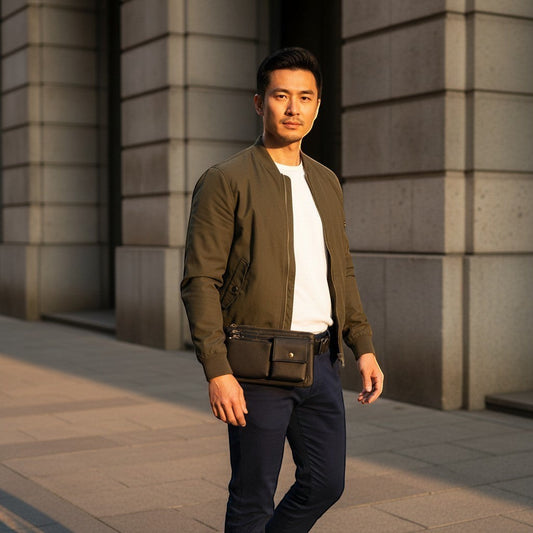 Barcon Getta Inc black full grain leather fanny bag with multiple zippered pockets and adjustable strap.