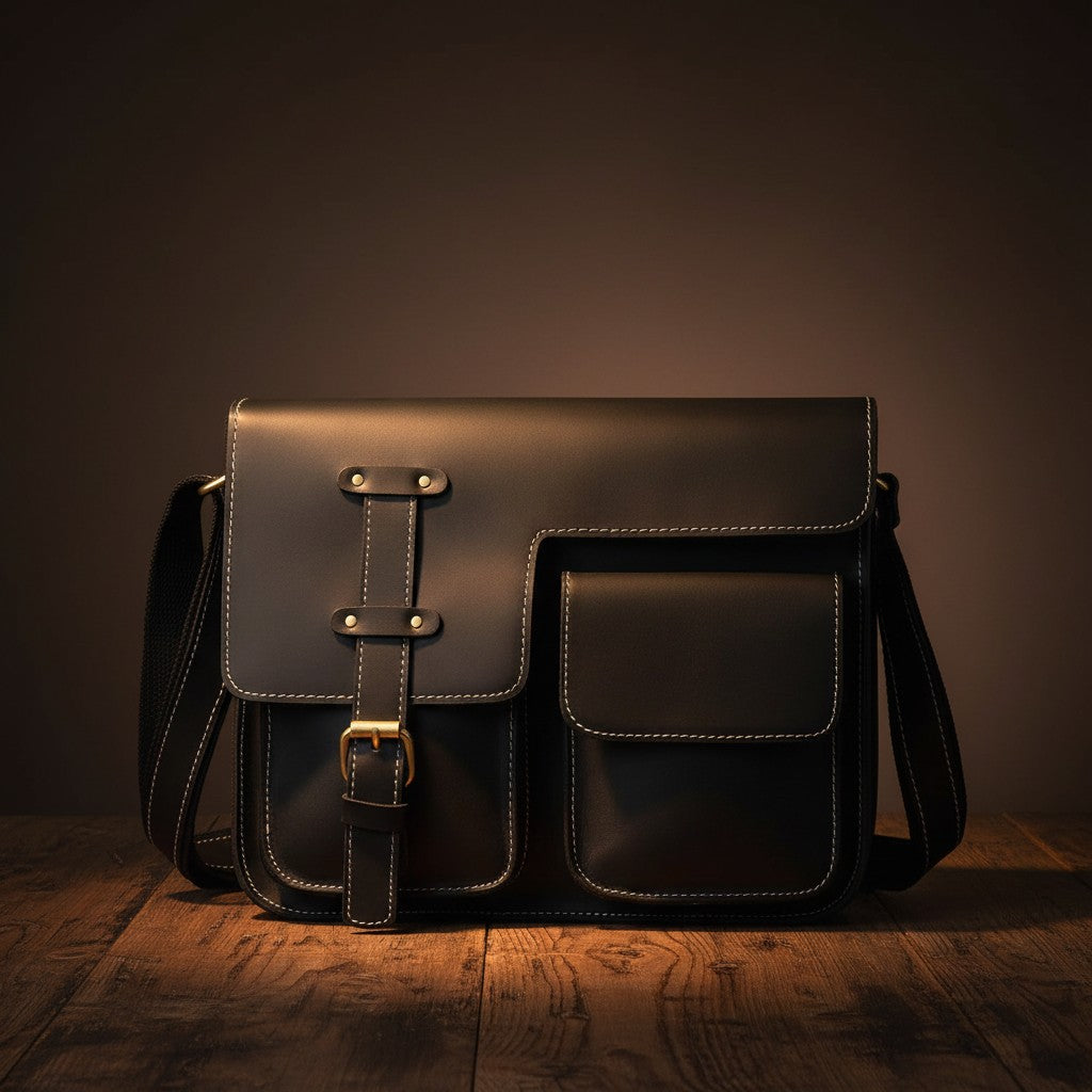 Barcon Getta Inc black full grain leather messenger bag with multiple pockets and brass buckle.