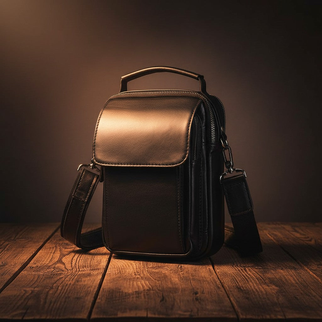 Barcon Getta Inc black full grain leather mini shoulder bag with top handle and multiple pockets.