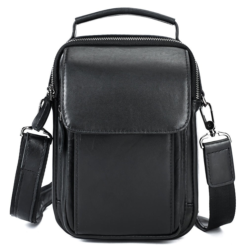 Barcon Getta Inc black full grain Ethiopian leather mini shoulder bag with front flap pocket and top handle.
