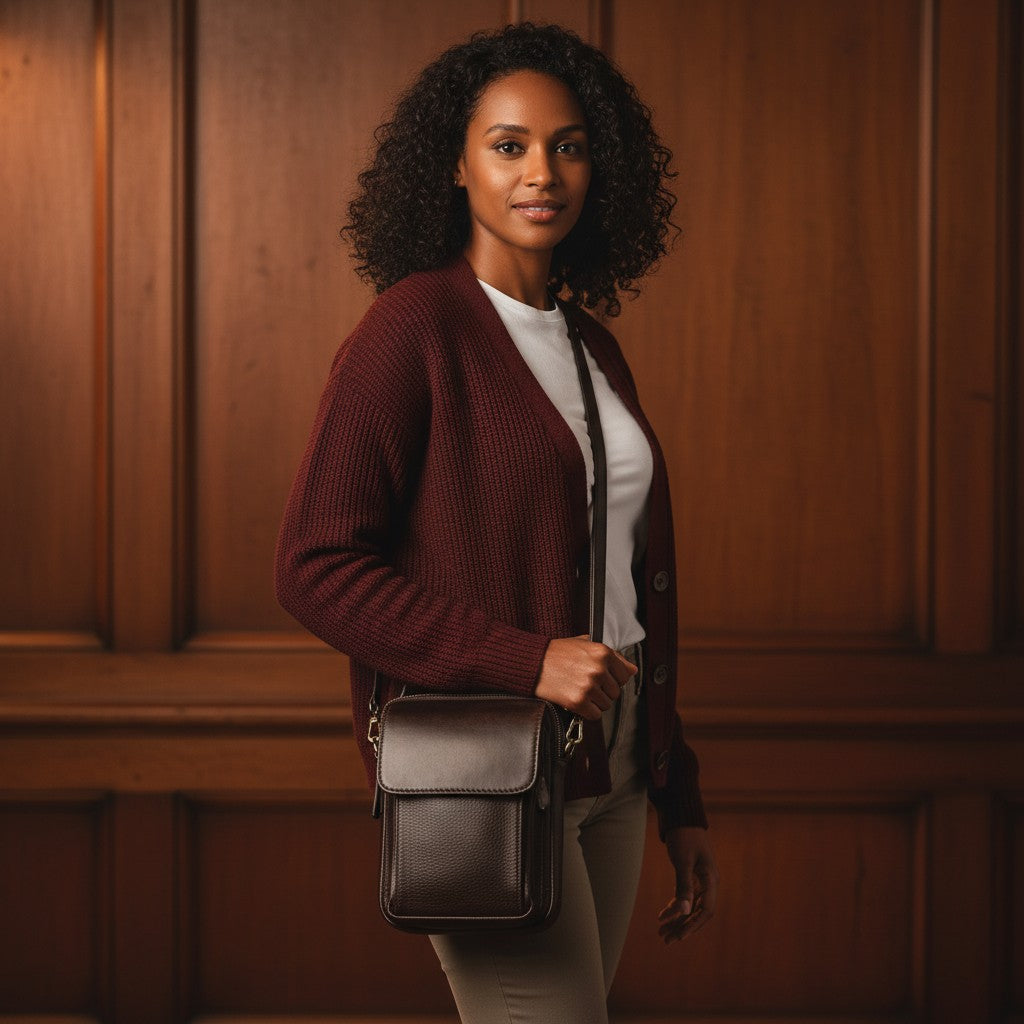 Barcon Getta Inc black full grain leather mini shoulder bag with top handle and multiple compartments.
