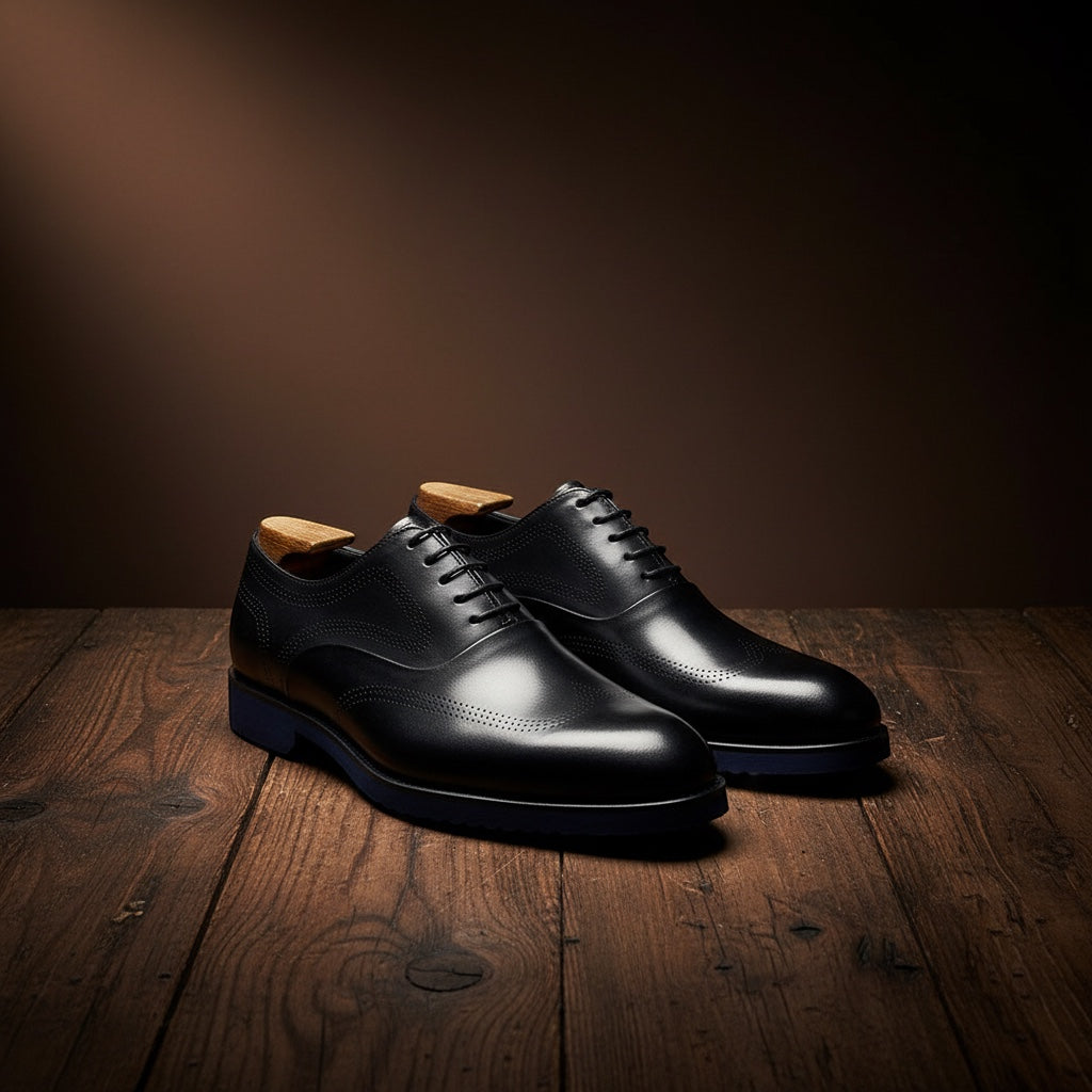 Barcon Getta Inc black leather wingtip brogue Oxford dress shoes with navy blue soles.