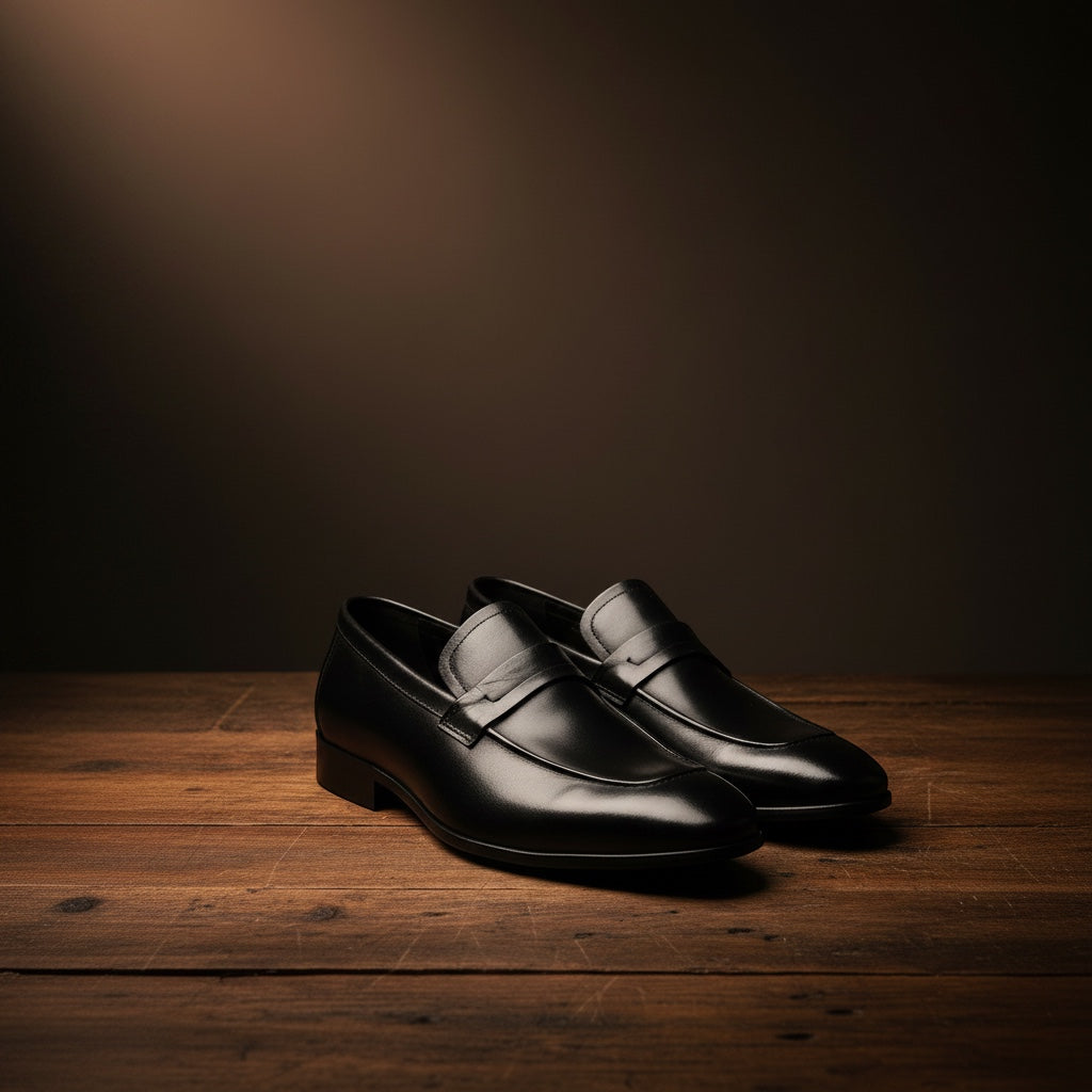Barcon Getta Inc CONAKRY black full-grain leather penny loafers with smooth upper and penny strap.