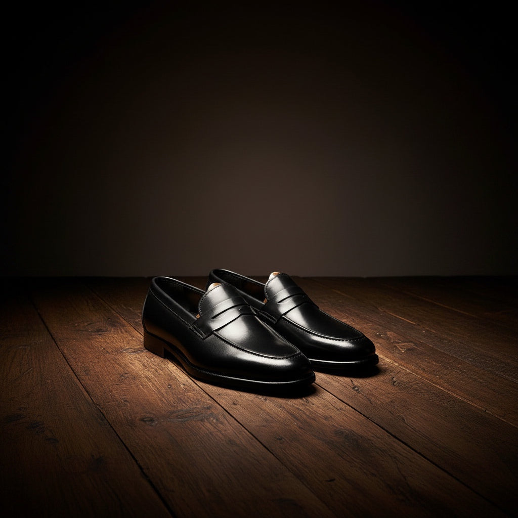 Barcon Getta Inc BANGUI black polished leather penny loafers with strap detail on wooden floor.