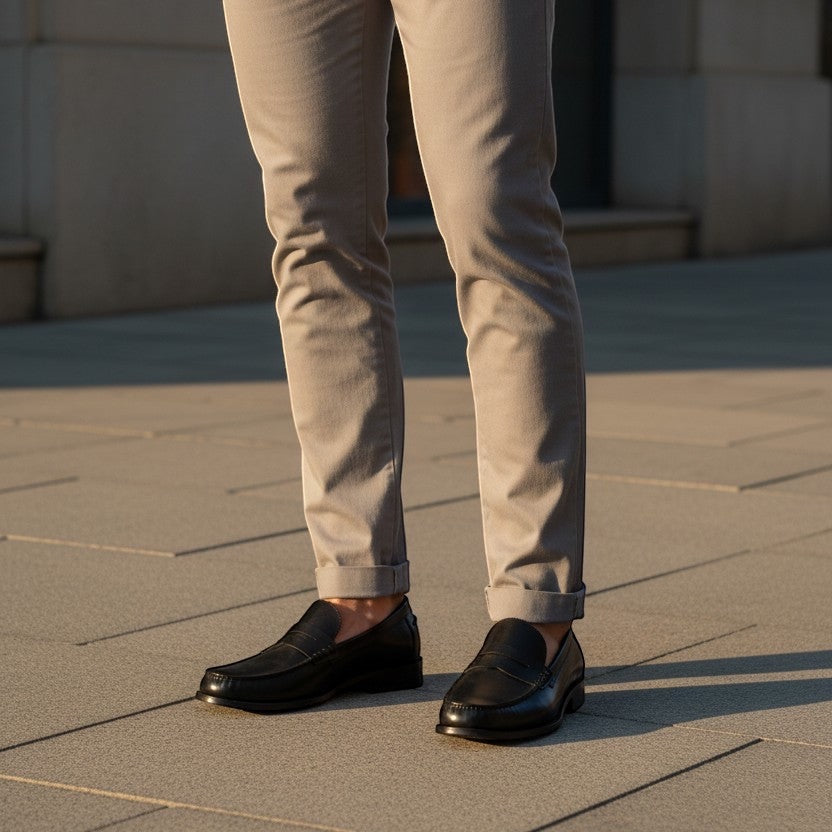 Barcon Getta Inc ABUJA black leather penny loafers for men, featuring a sleek silhouette and traditional penny strap.