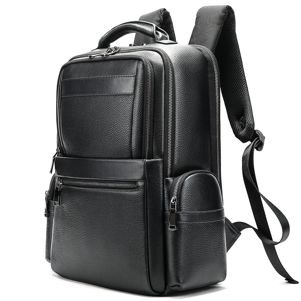 Barcon Getta Inc black leather backpack with multiple zippered compartments and padded shoulder straps for professional use.