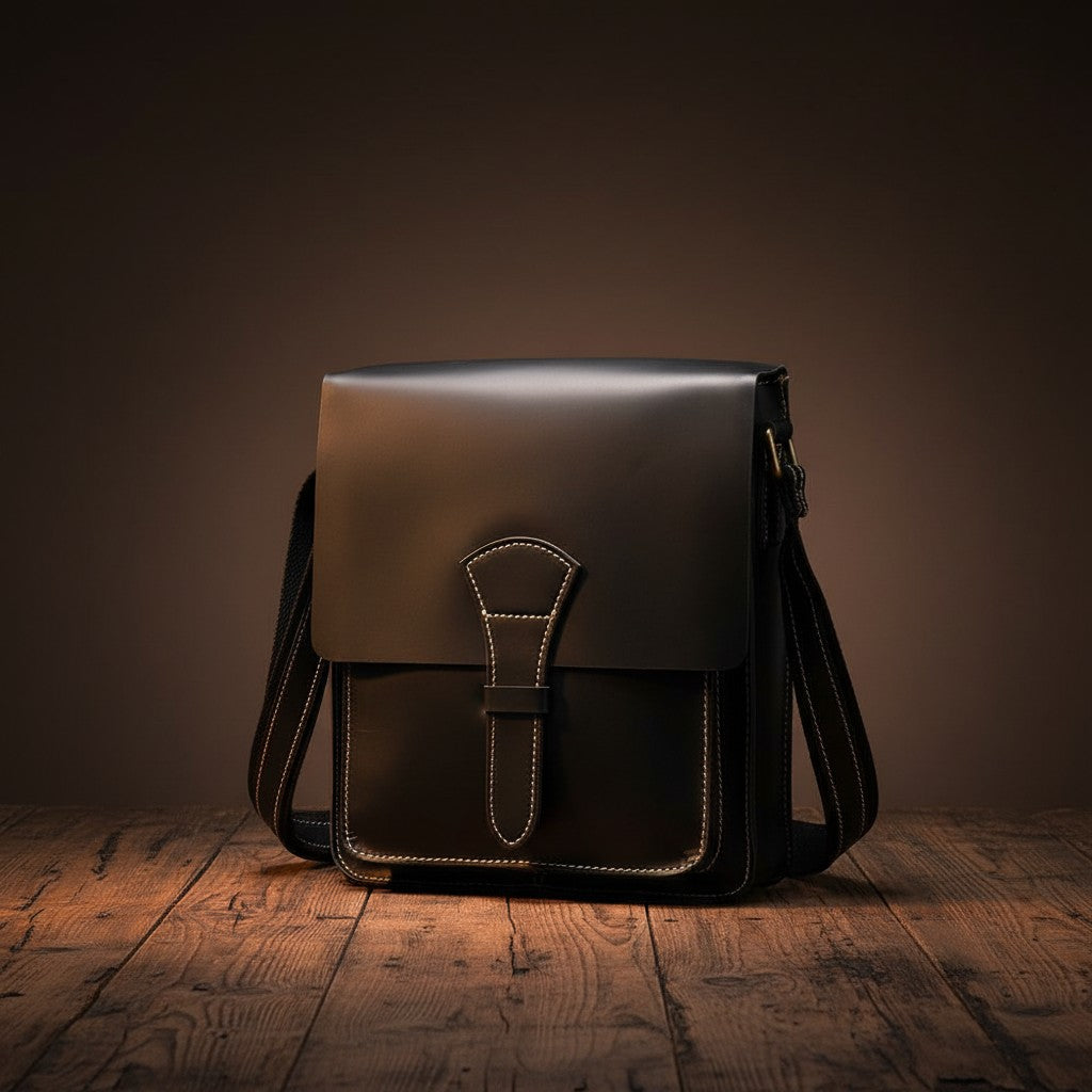 Barcon Getta Inc HARBORSIDE black full grain leather shoulder bag with contrast stitching and flap closure.