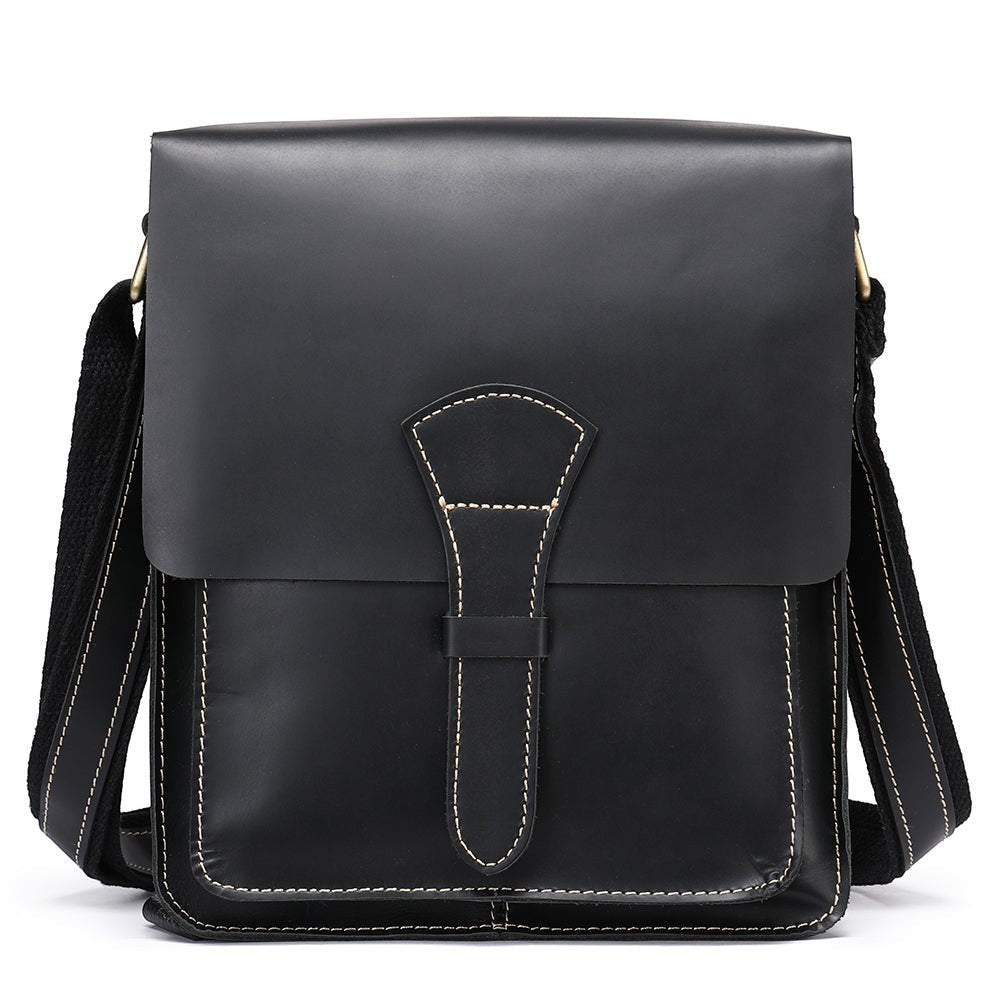 Barcon Getta Inc HARBORSIDE black full grain leather shoulder bag with contrast stitching and flap closure.