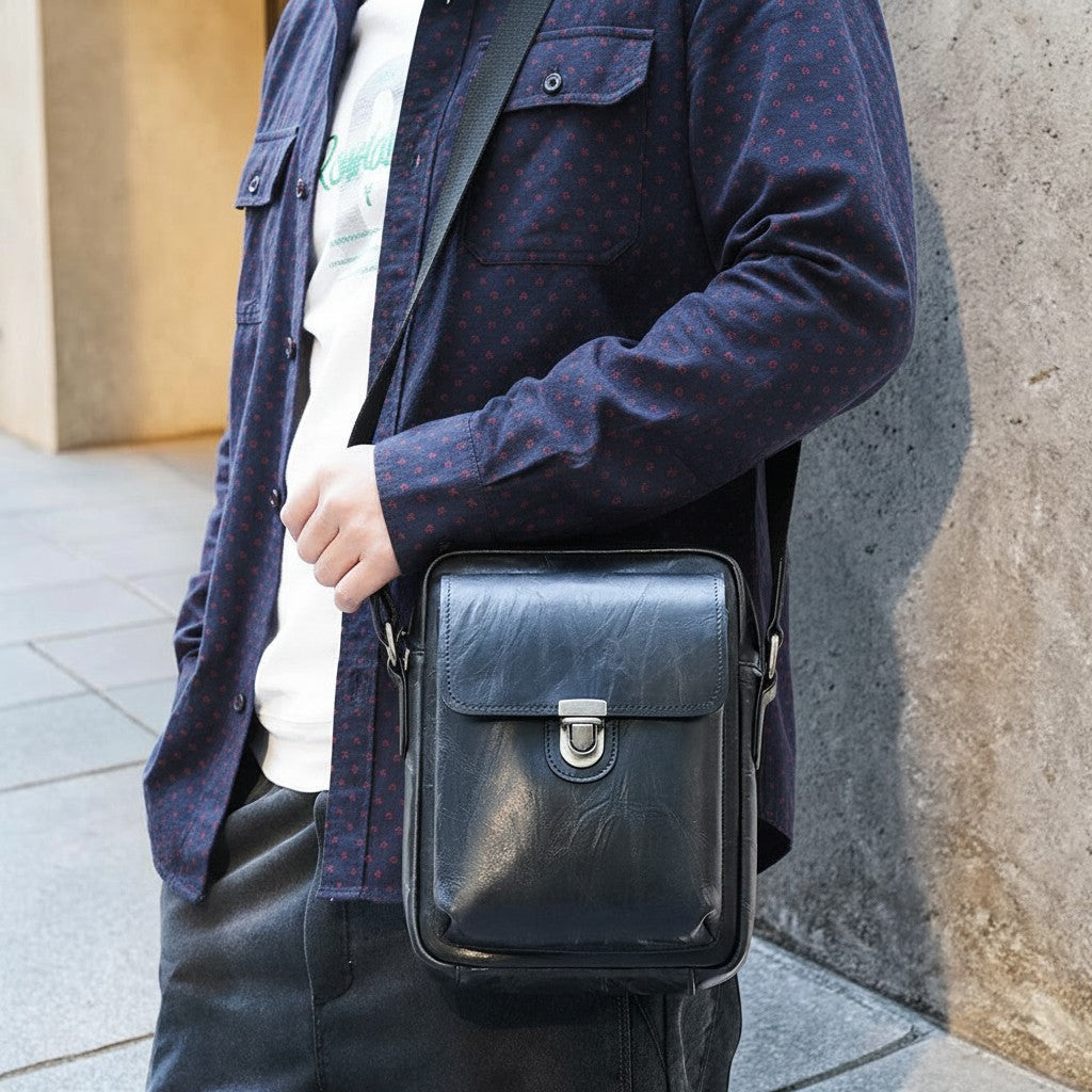 Barcon Getta Inc black full grain leather shoulder bag with front flap pocket and silver clasp.