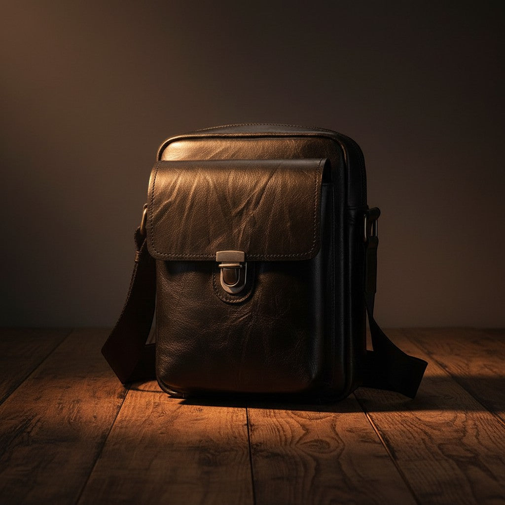 Barcon Getta Inc black Ethiopian leather shoulder bag with flap closure and silver buckle. Multiple carrying styles.