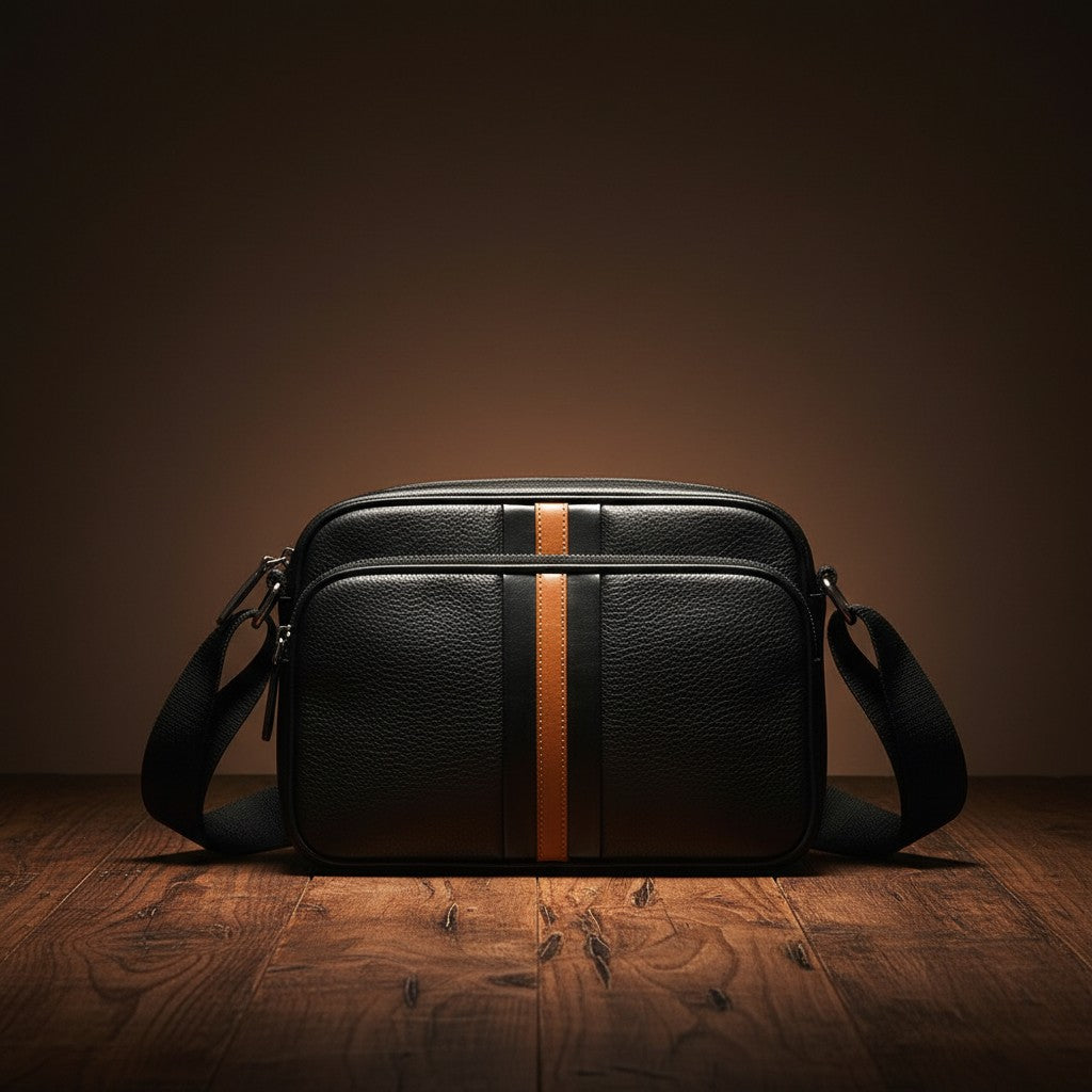 Barcon Getta Inc black full grain leather shoulder bag with tan stripe detail and adjustable strap.