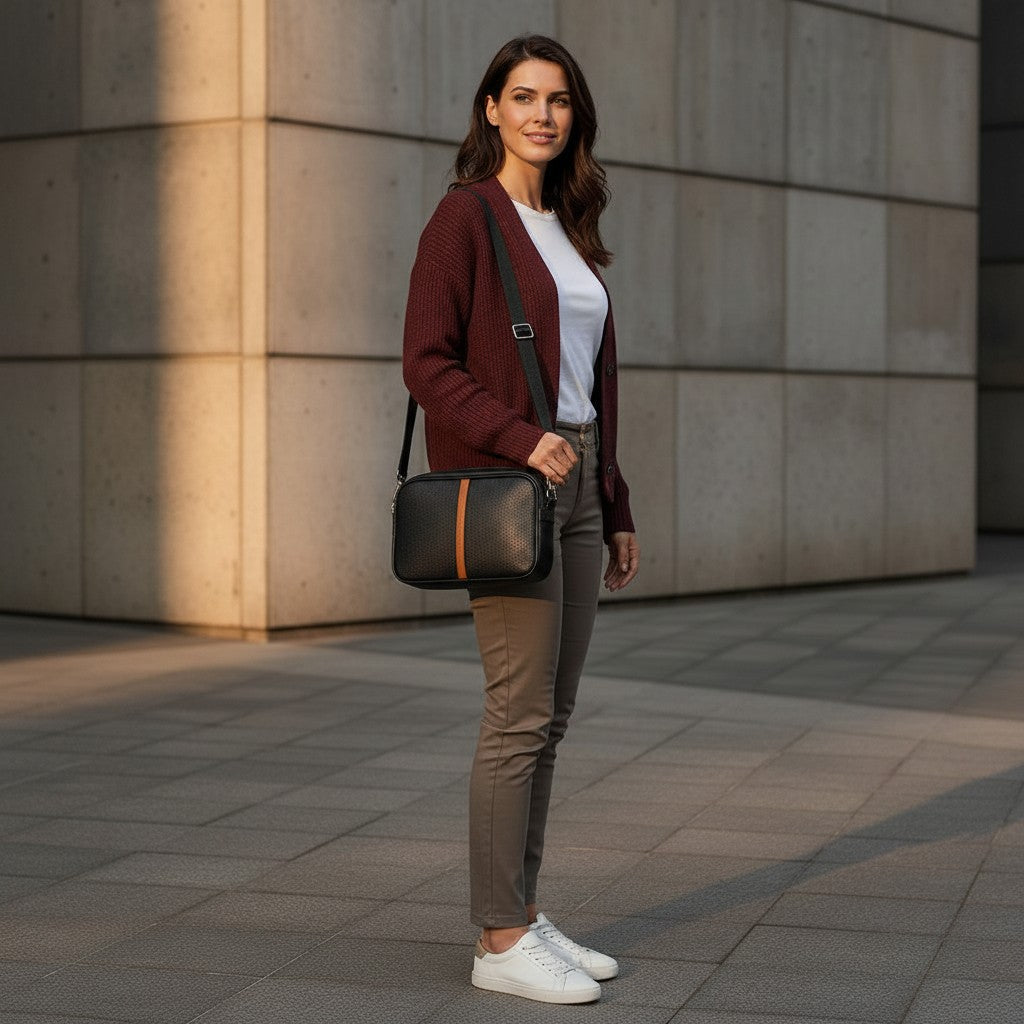 Barcon Getta Inc black full grain leather MetroClip shoulder bag with tan stripe detail and multiple pockets.