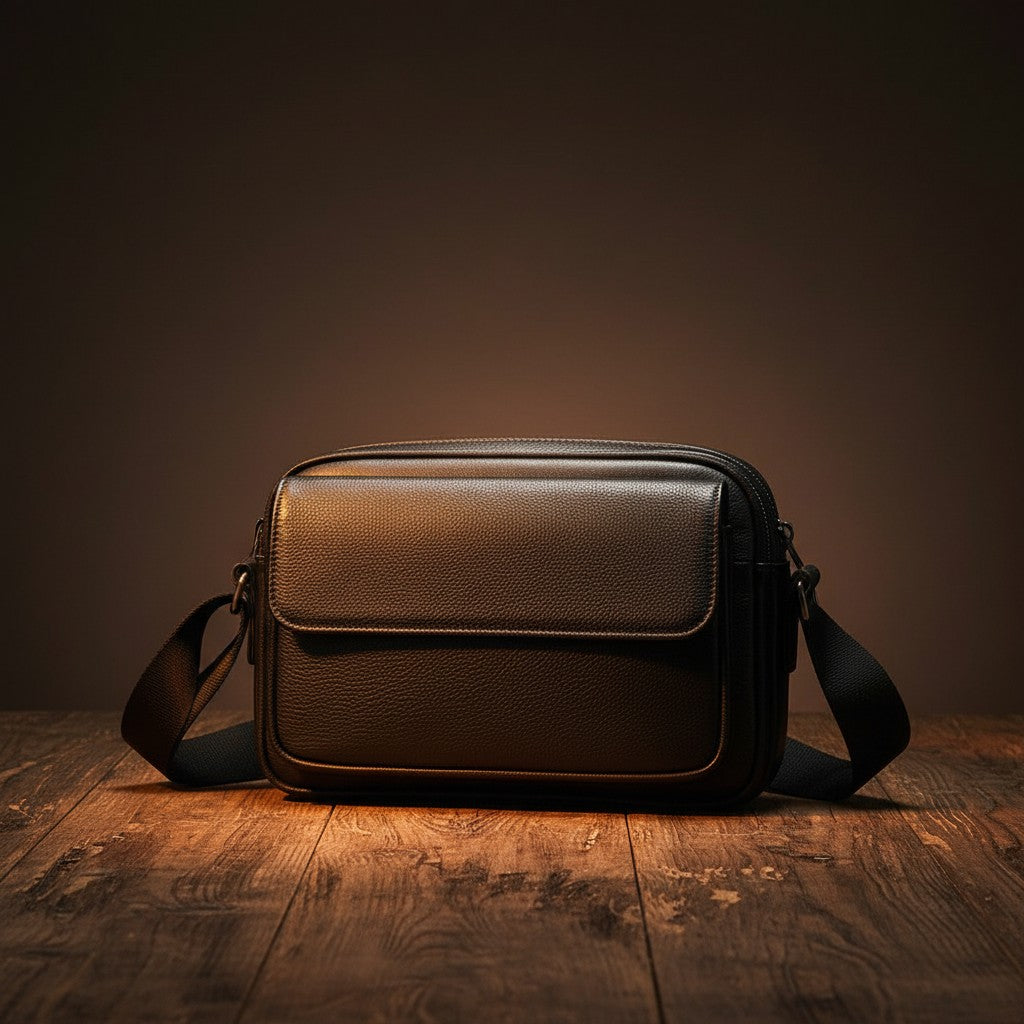 Barcon Getta Inc black full grain leather everyday sling shoulder bag with front flap pocket and adjustable strap.