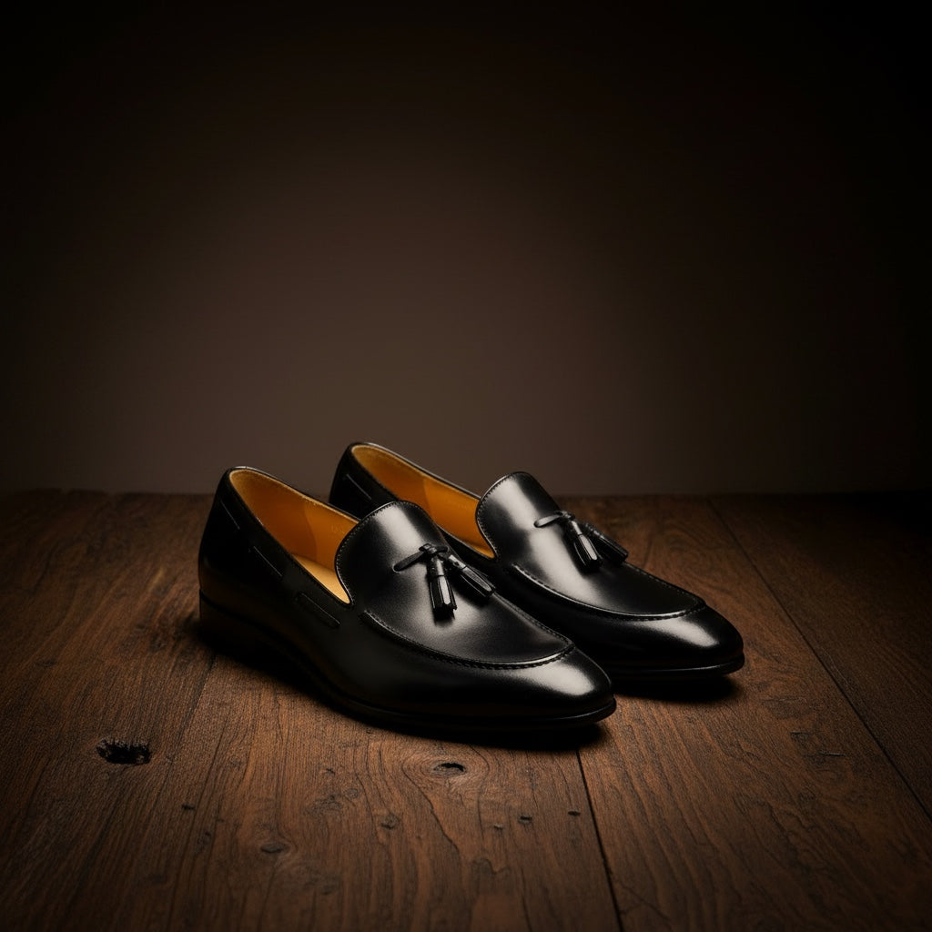 Barcon Getta Inc black full grain leather tassel loafers with amber lining and patent-like finish.