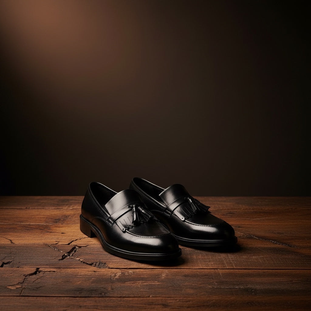 Barcon Getta Inc KUMASSI black full-grain leather tassel loafers with apron toe and mirror-polished finish.