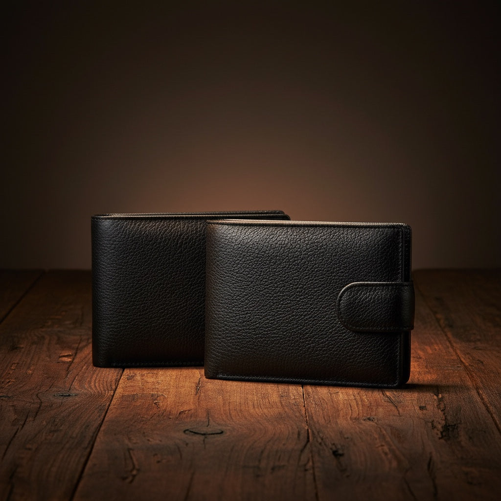 Barcon Getta Inc black full grain leather bi-fold wallet with 9 card slots, bill compartments, and 2 change slots.