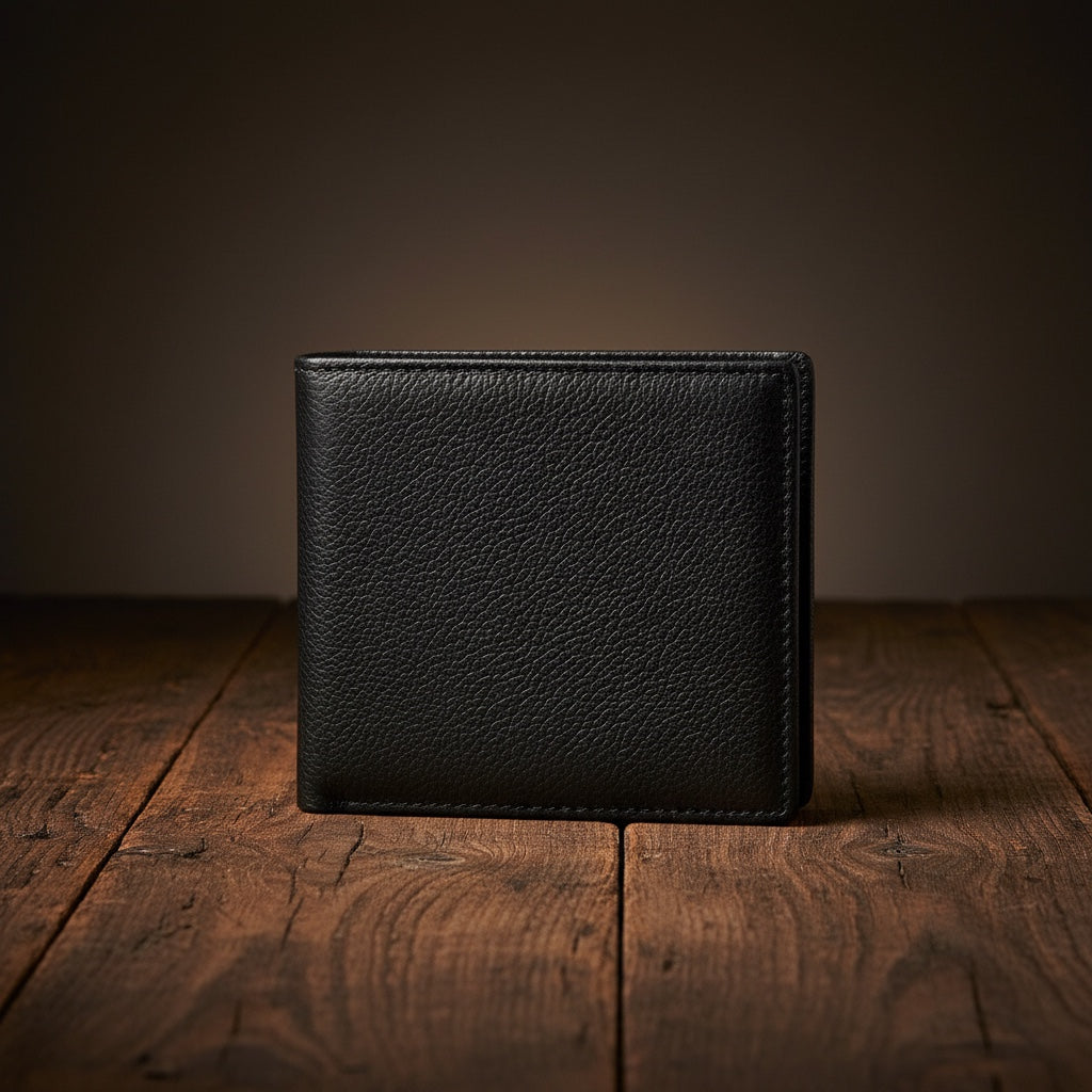 Barcon Getta Inc black full grain leather bi-fold wallet with 10 card slots and coin slot.